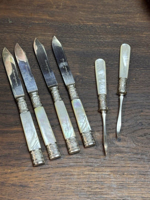 Meriden Cutlery Co Fruit Knives MOP Handle Set Nut Picks Silverplate