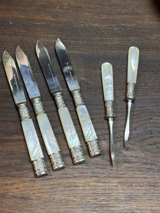 Meriden Cutlery Co Fruit Knives MOP Handle Set Nut Picks Silverplate