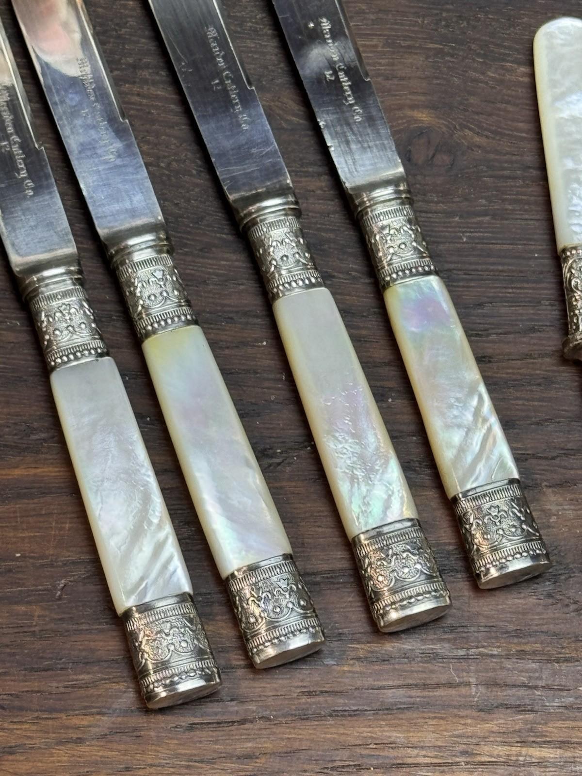 Meriden Cutlery Co Fruit Knives MOP Handle Set Nut Picks Silverplate