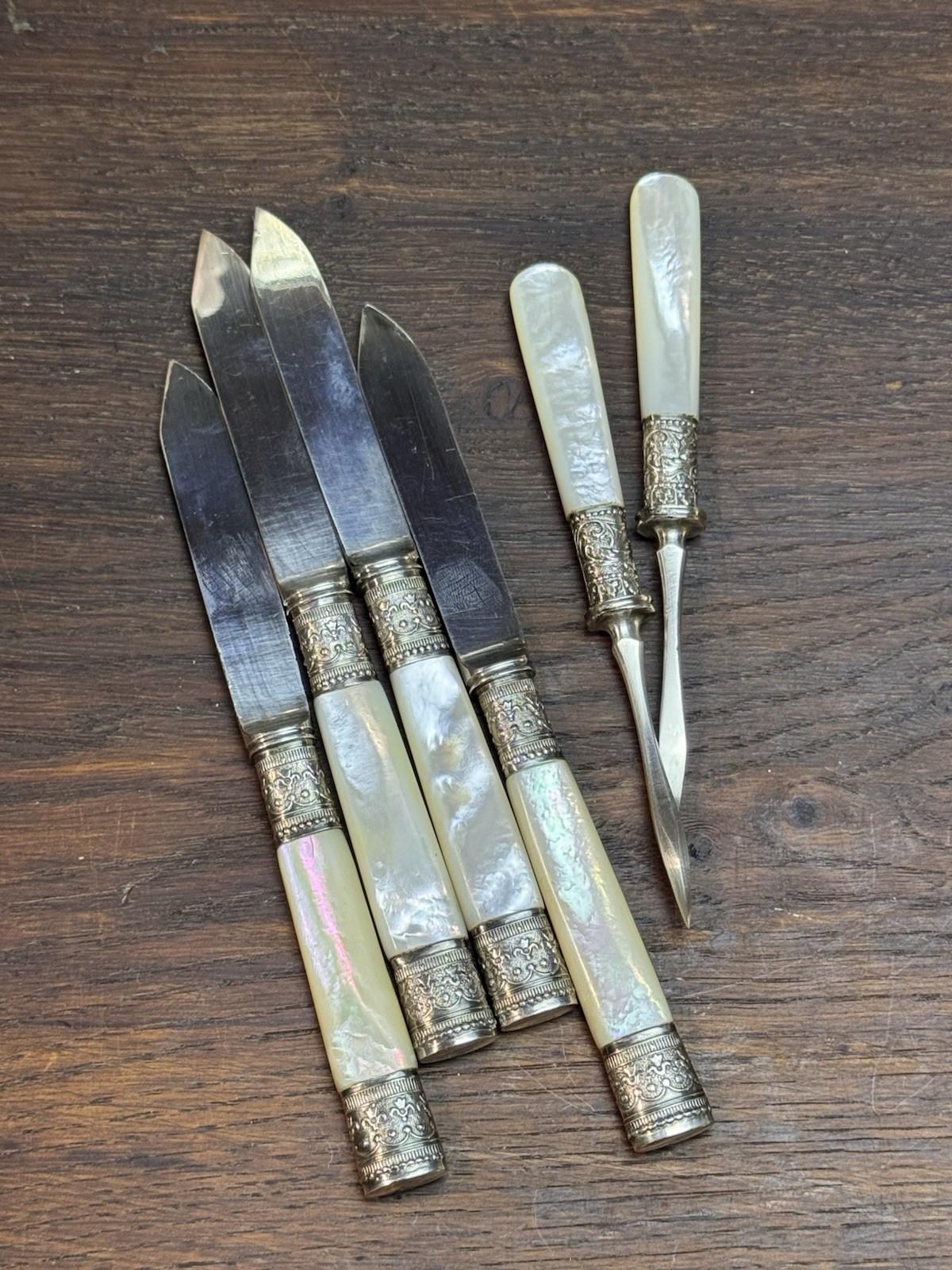 Meriden Cutlery Co Fruit Knives MOP Handle Set Nut Picks Silverplate