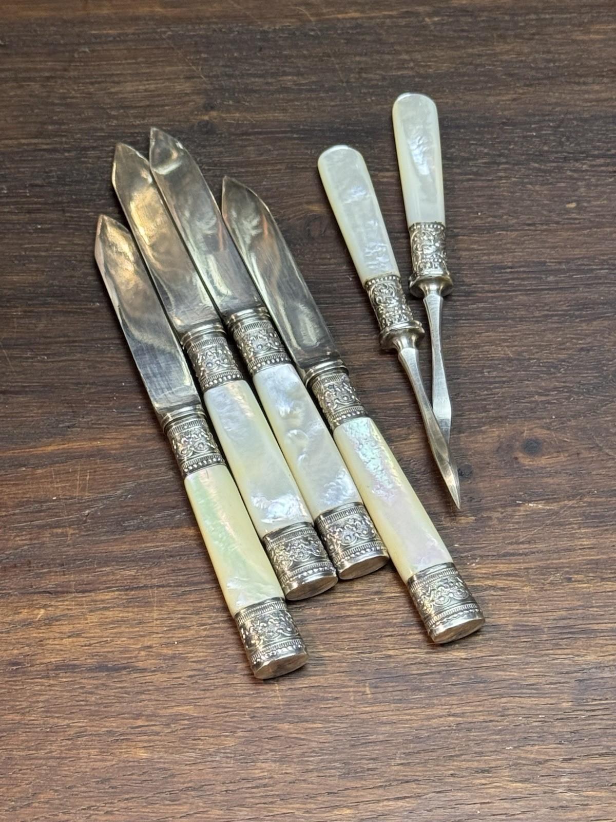 Meriden Cutlery Co Fruit Knives MOP Handle Set Nut Picks Silverplate