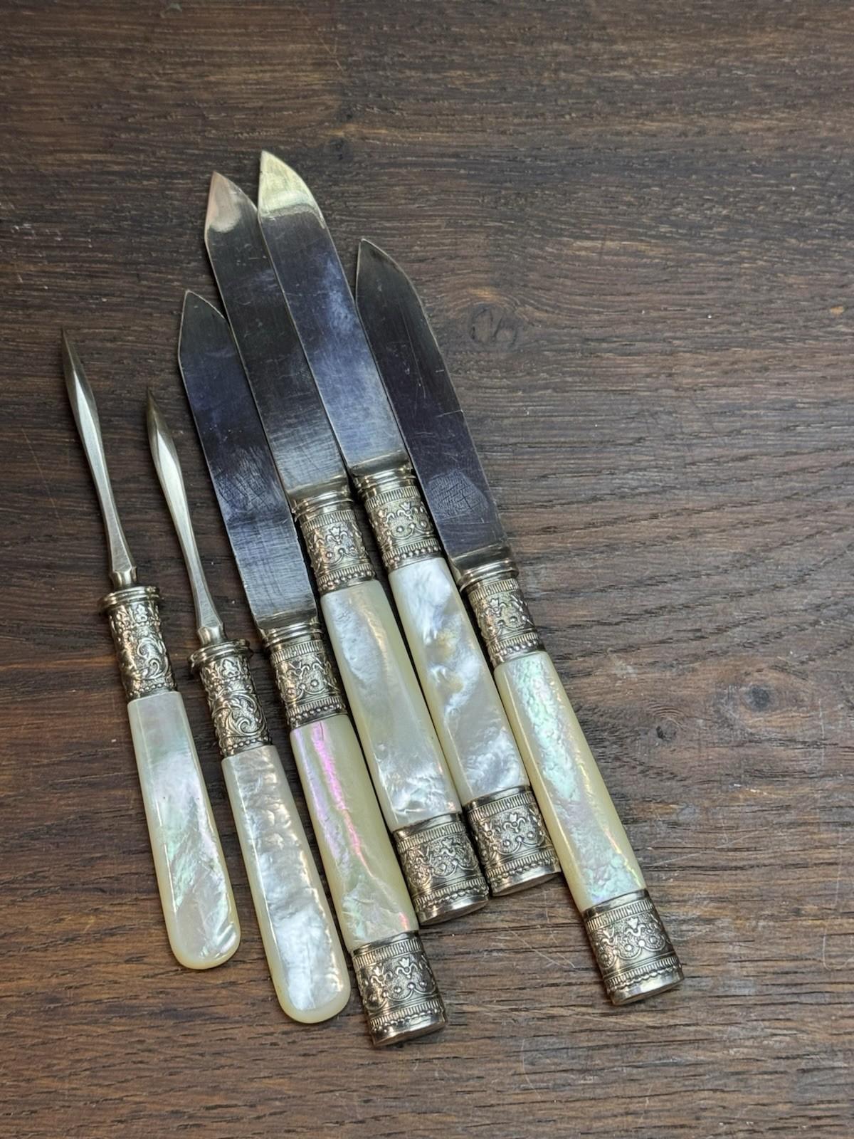Meriden Cutlery Co Fruit Knives MOP Handle Set Nut Picks Silverplate