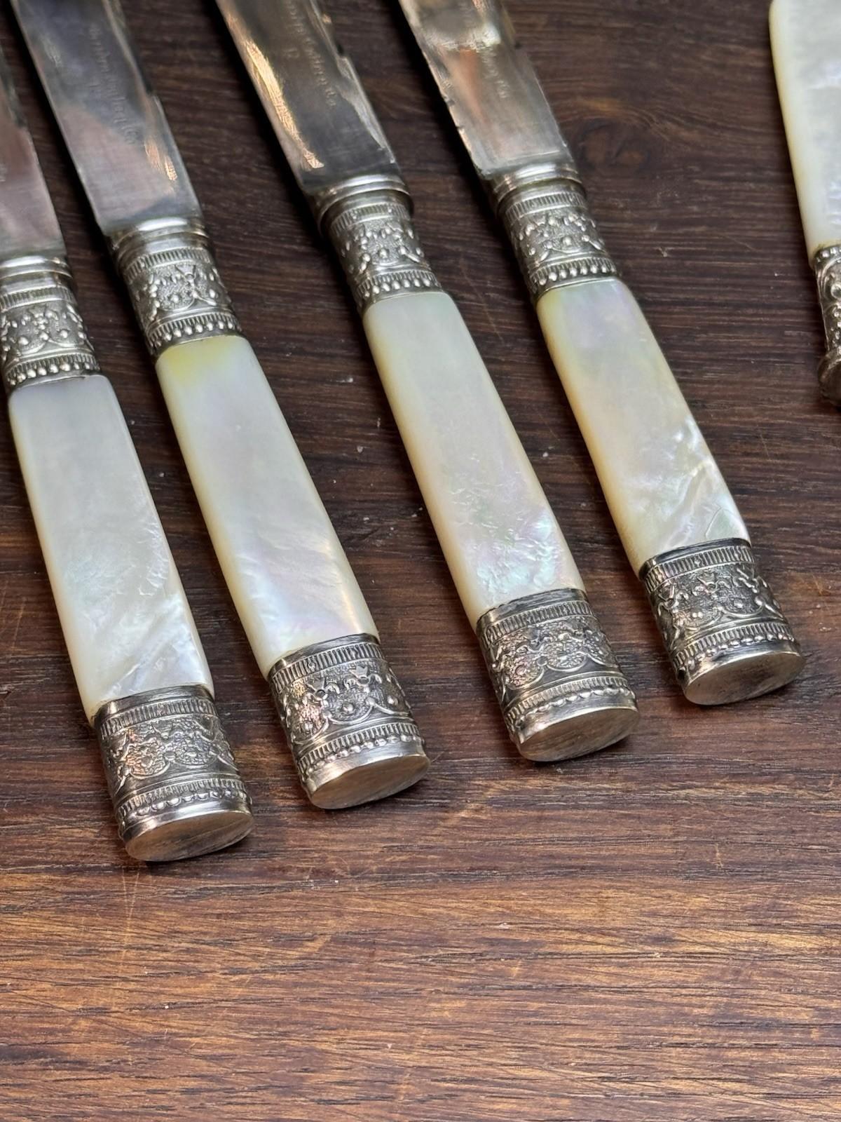 Meriden Cutlery Co Fruit Knives MOP Handle Set Nut Picks Silverplate