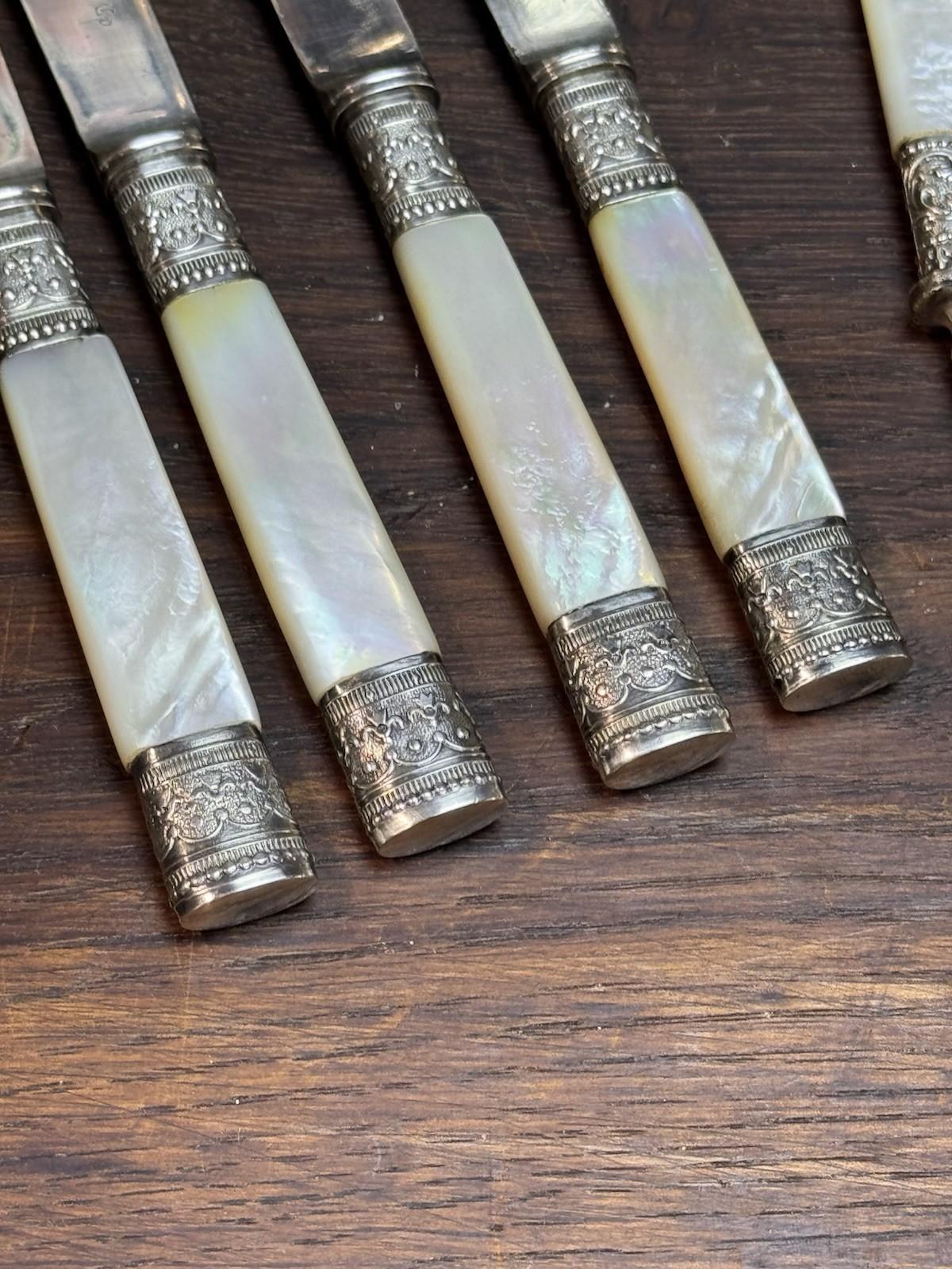Meriden Cutlery Co Fruit Knives MOP Handle Set Nut Picks Silverplate