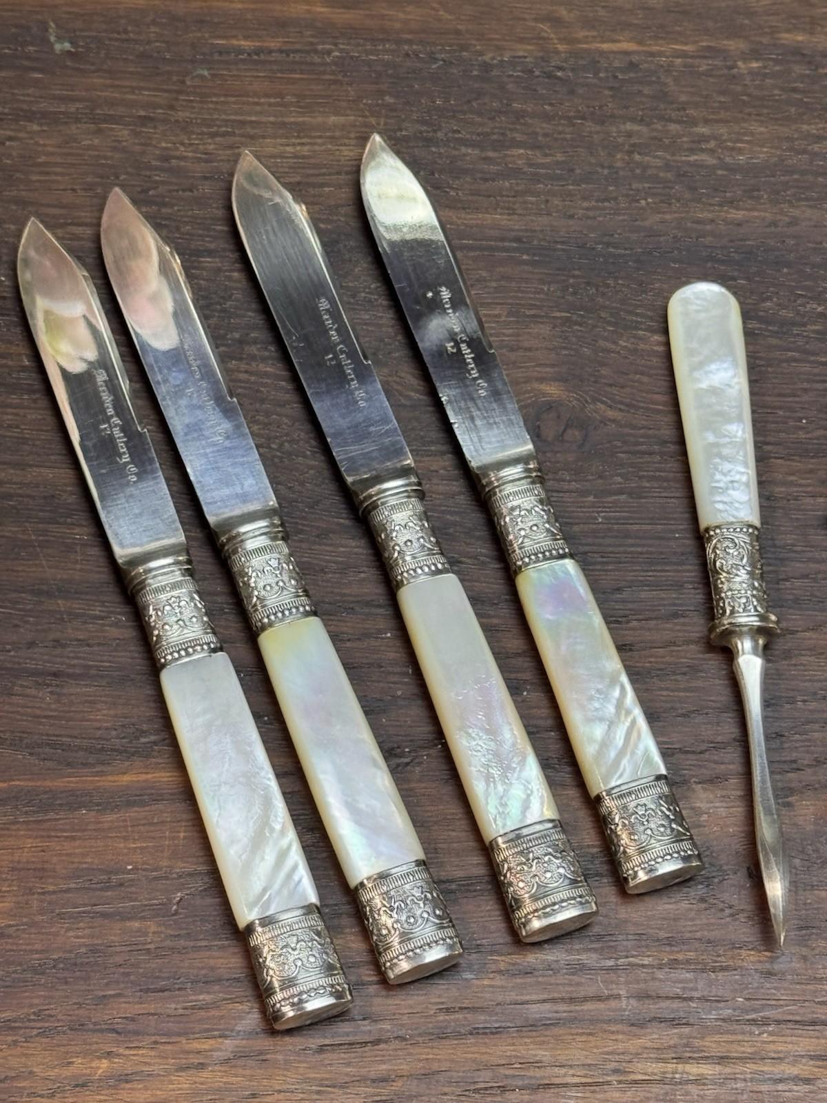 Meriden Cutlery Co Fruit Knives MOP Handle Set Nut Picks Silverplate
