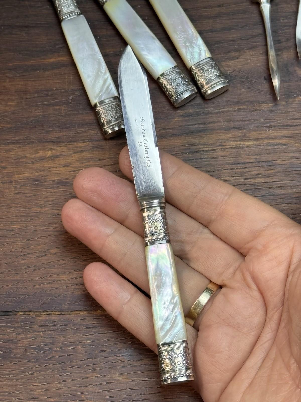 Meriden Cutlery Co Fruit Knives MOP Handle Set Nut Picks Silverplate