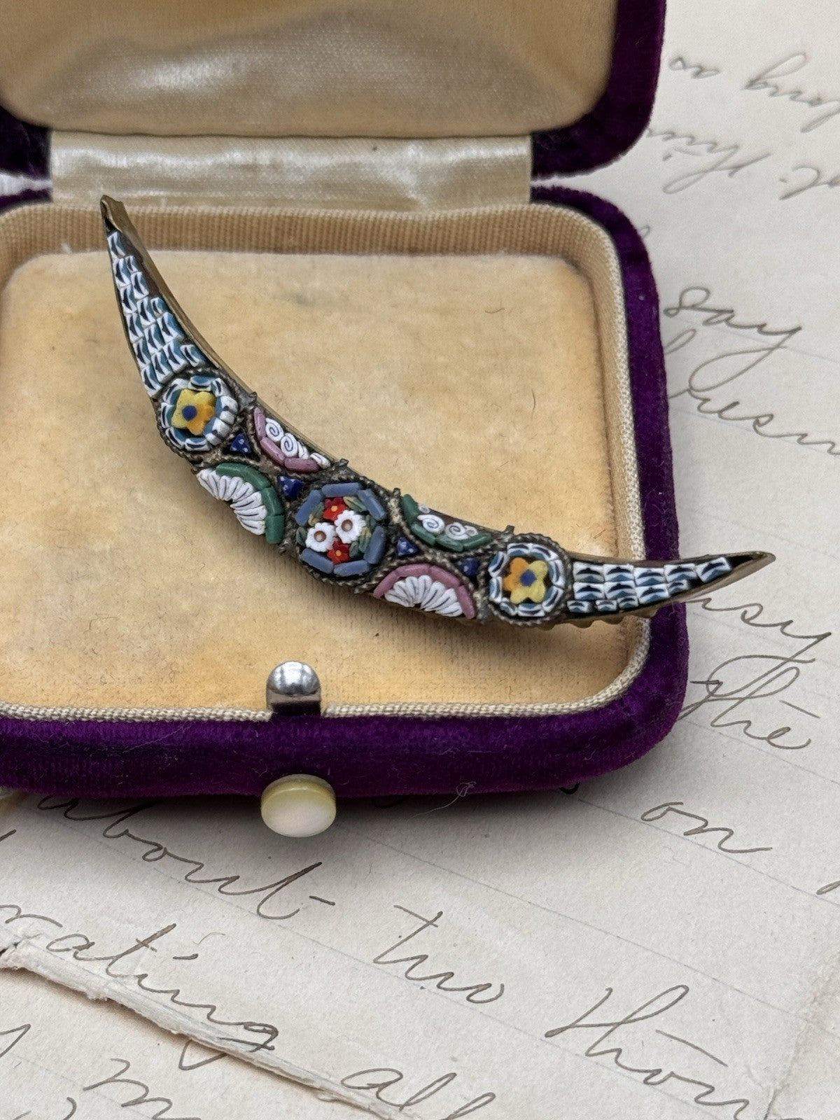 VICTORIAN ANTIQUE CRESCENT MOON MICRO MOSAIC MICROMOSAIC Honeymoon PIN (Copy)