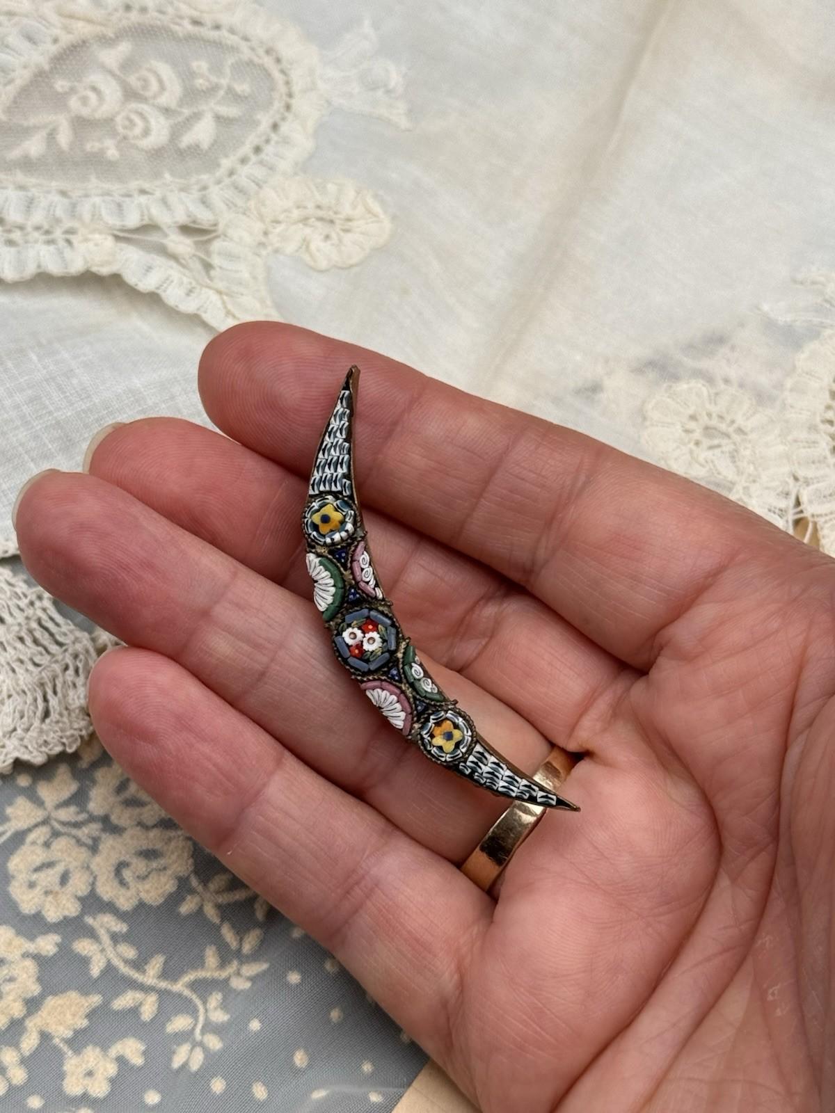 VICTORIAN ANTIQUE CRESCENT MOON MICRO MOSAIC MICROMOSAIC Honeymoon PIN (Copy)