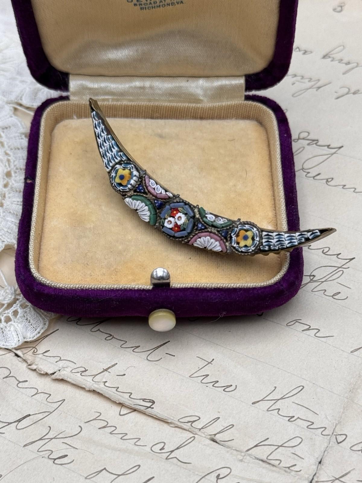VICTORIAN ANTIQUE CRESCENT MOON MICRO MOSAIC MICROMOSAIC Honeymoon PIN (Copy)