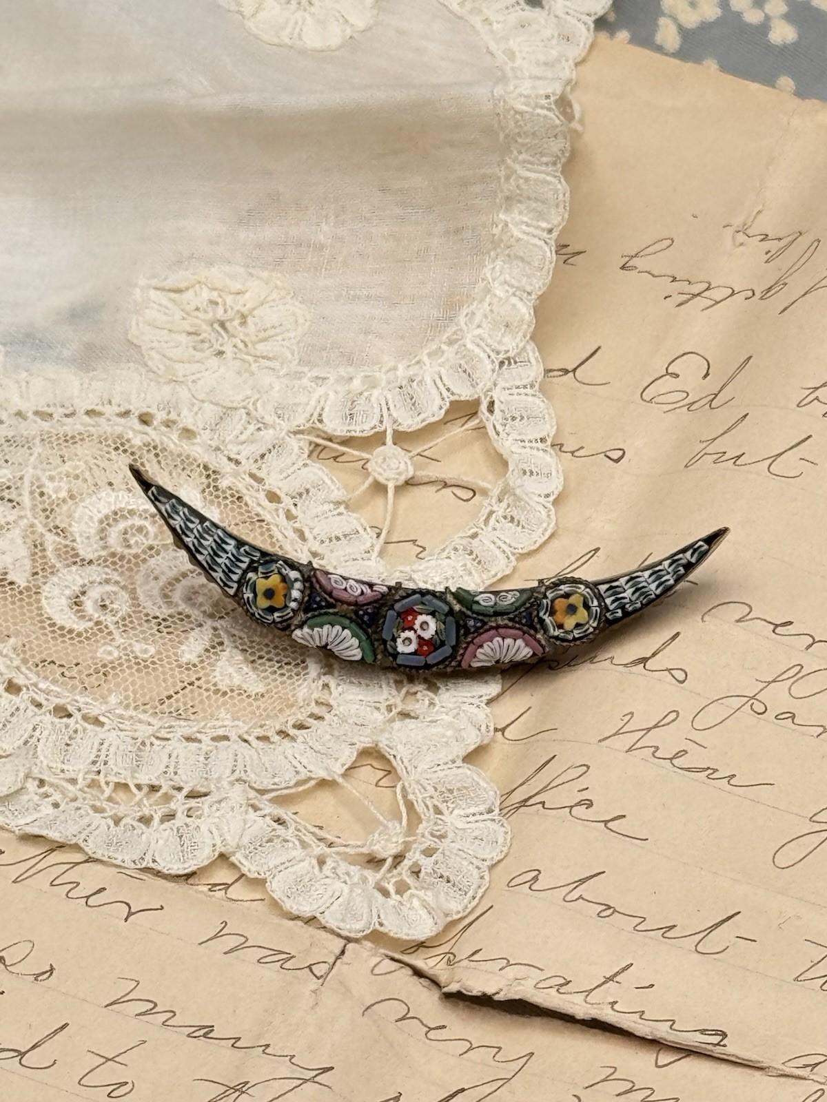 VICTORIAN ANTIQUE CRESCENT MOON MICRO MOSAIC MICROMOSAIC Honeymoon PIN (Copy)