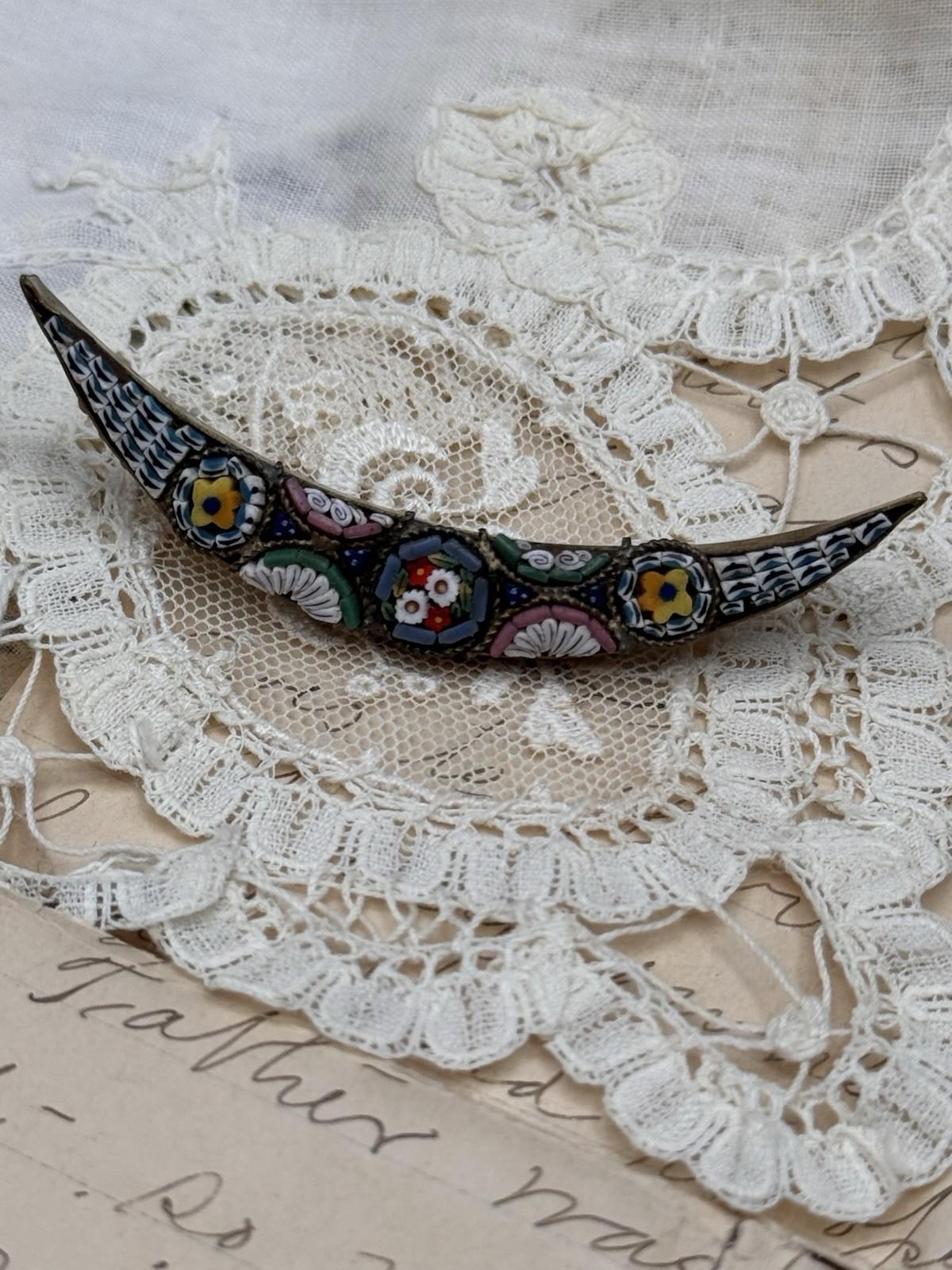 VICTORIAN ANTIQUE CRESCENT MOON MICRO MOSAIC MICROMOSAIC Honeymoon PIN (Copy)