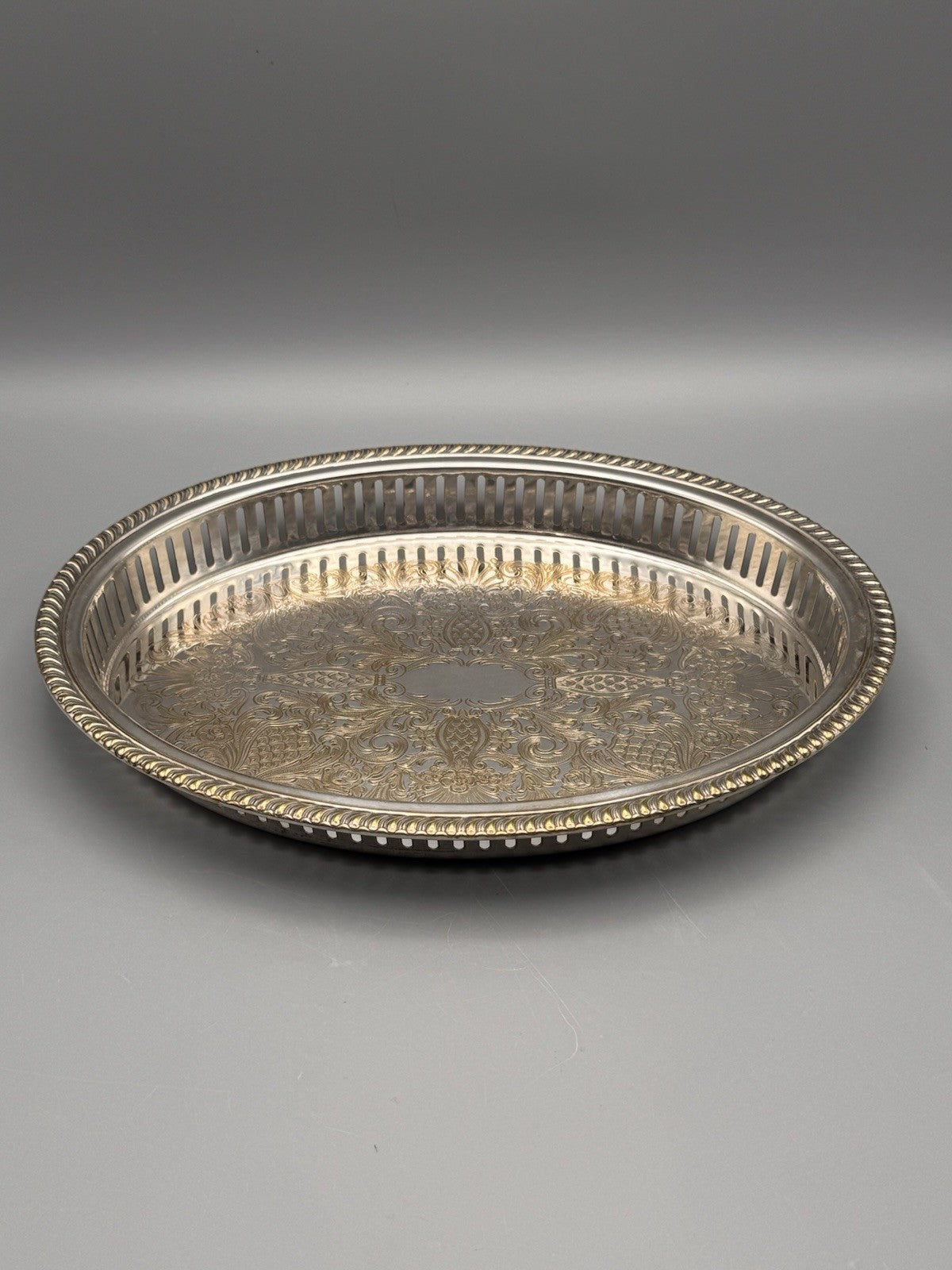 Vintage Silver Plate Oval Gallery Tray VANITY Tray Reticulated Floral Scrollwork 11.5”
