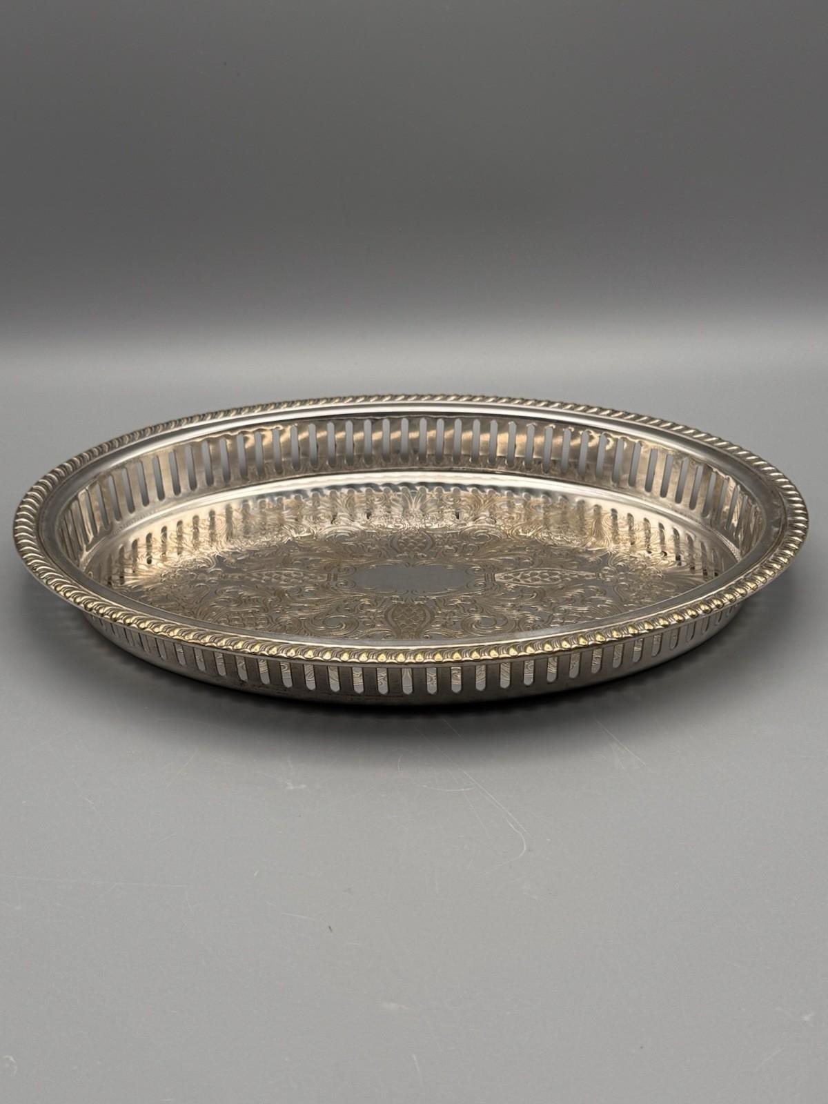 Vintage Silver Plate Oval Gallery Tray VANITY Tray Reticulated Floral Scrollwork 11.5”