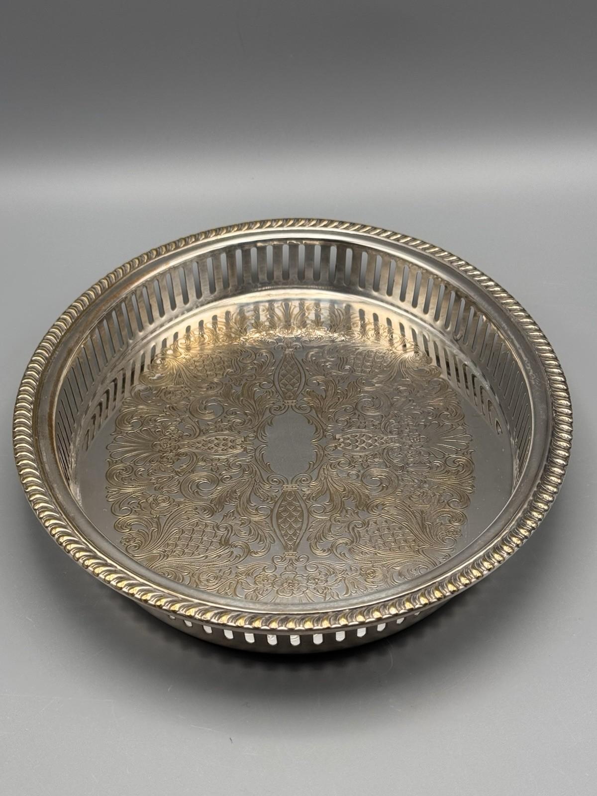 Vintage Silver Plate Oval Gallery Tray VANITY Tray Reticulated Floral Scrollwork 11.5”