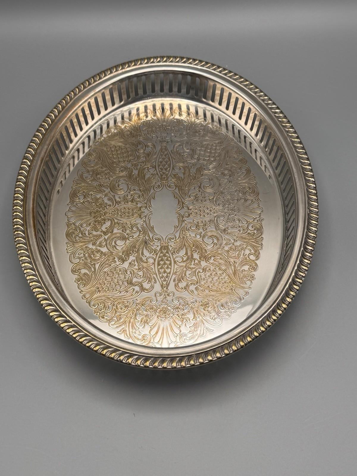 Vintage Silver Plate Oval Gallery Tray VANITY Tray Reticulated Floral Scrollwork 11.5”