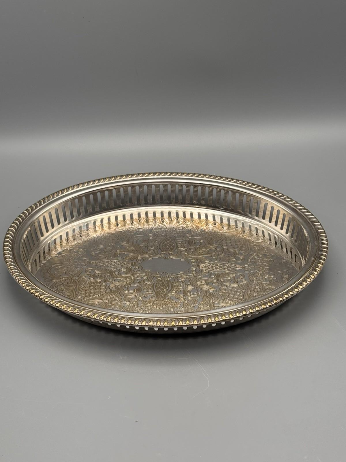 Vintage Silver Plate Oval Gallery Tray VANITY Tray Reticulated Floral Scrollwork 11.5”