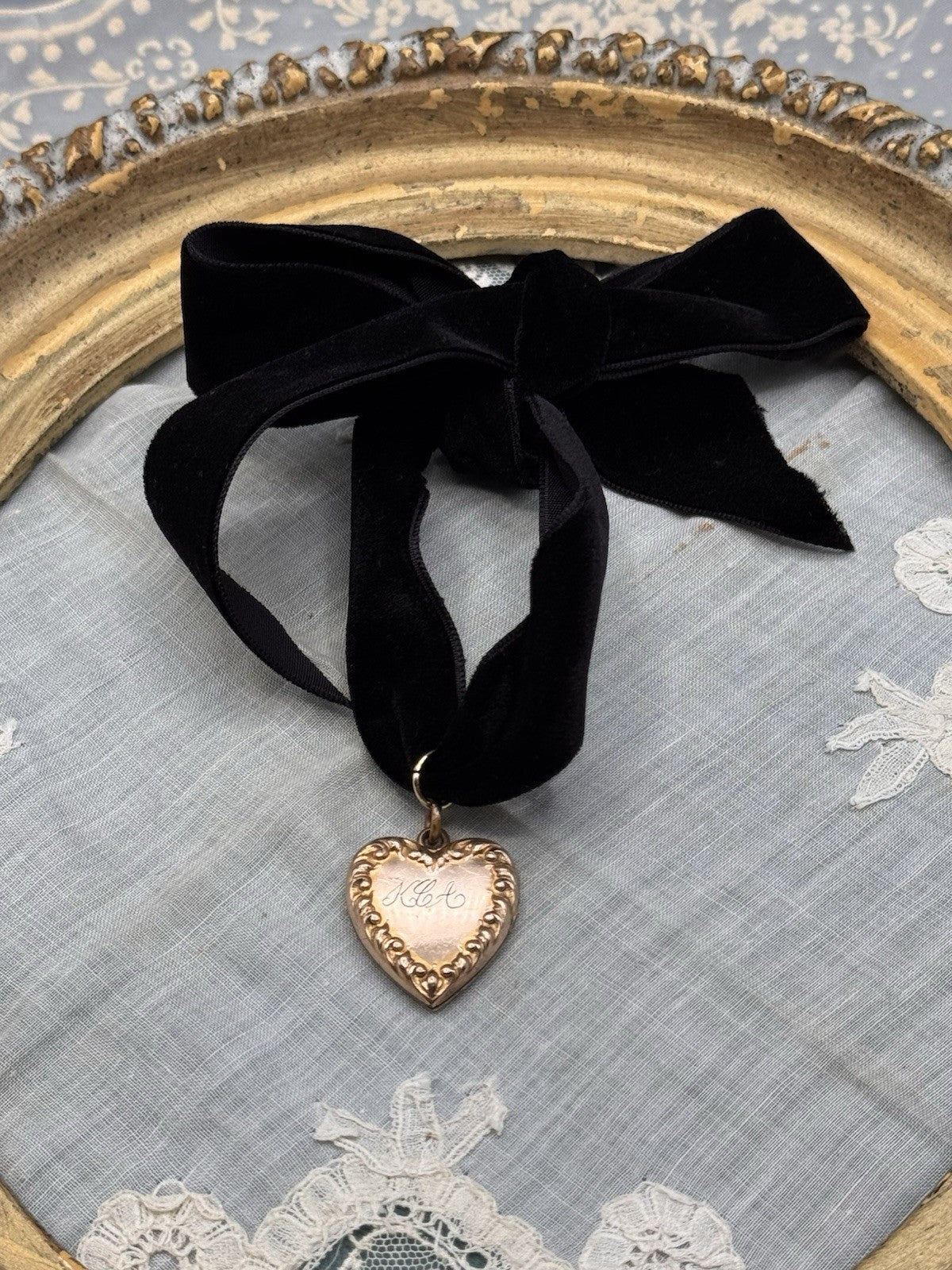 Antique Gold Filled Heart Locket Pendant Black Velvet Ribbon Monogrammed