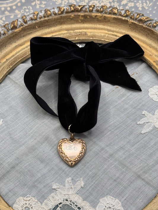 Antique Gold Filled Heart Locket Pendant Black Velvet Ribbon Monogrammed