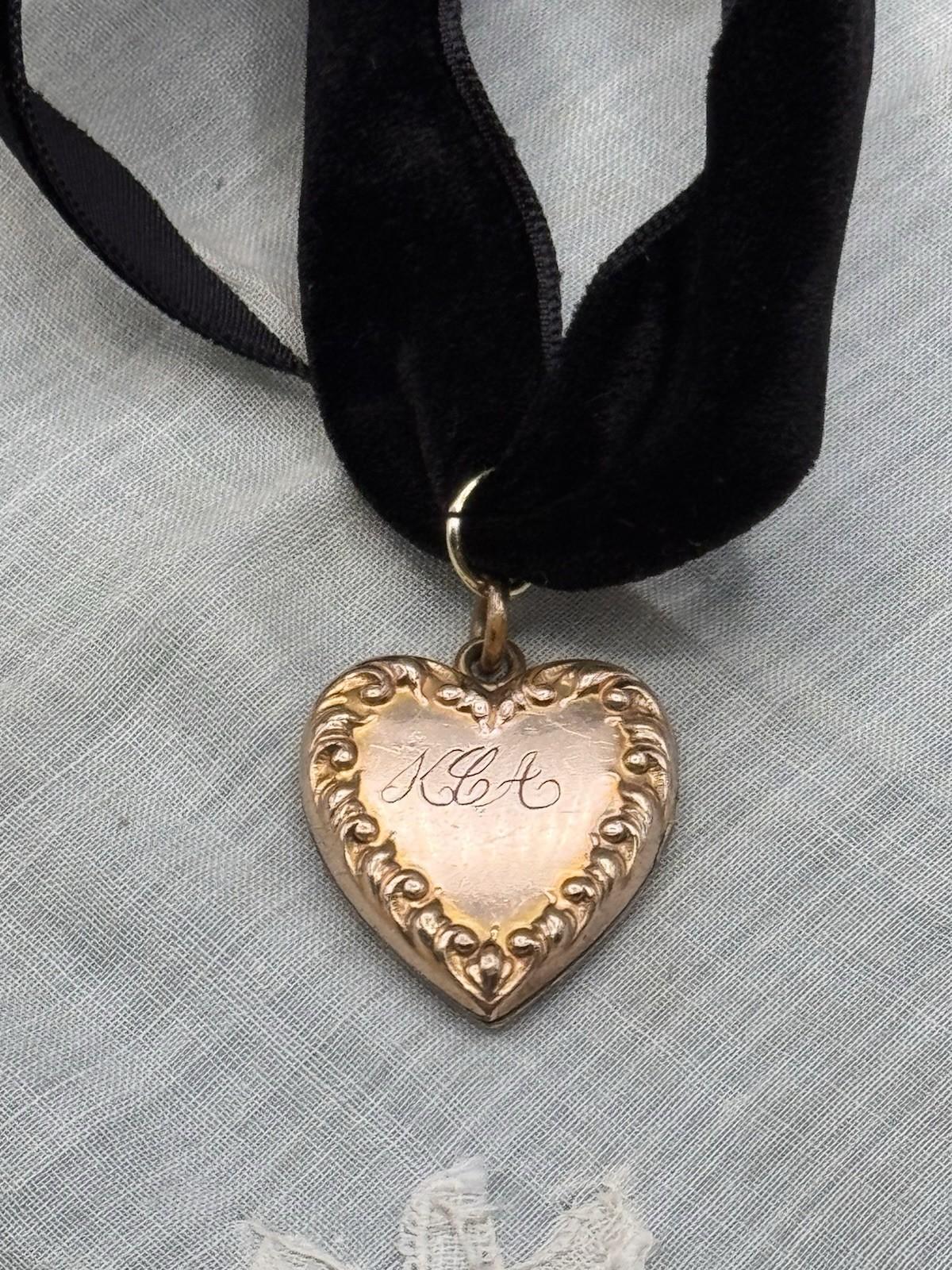 Antique Gold Filled Heart Locket Pendant Black Velvet Ribbon Monogrammed