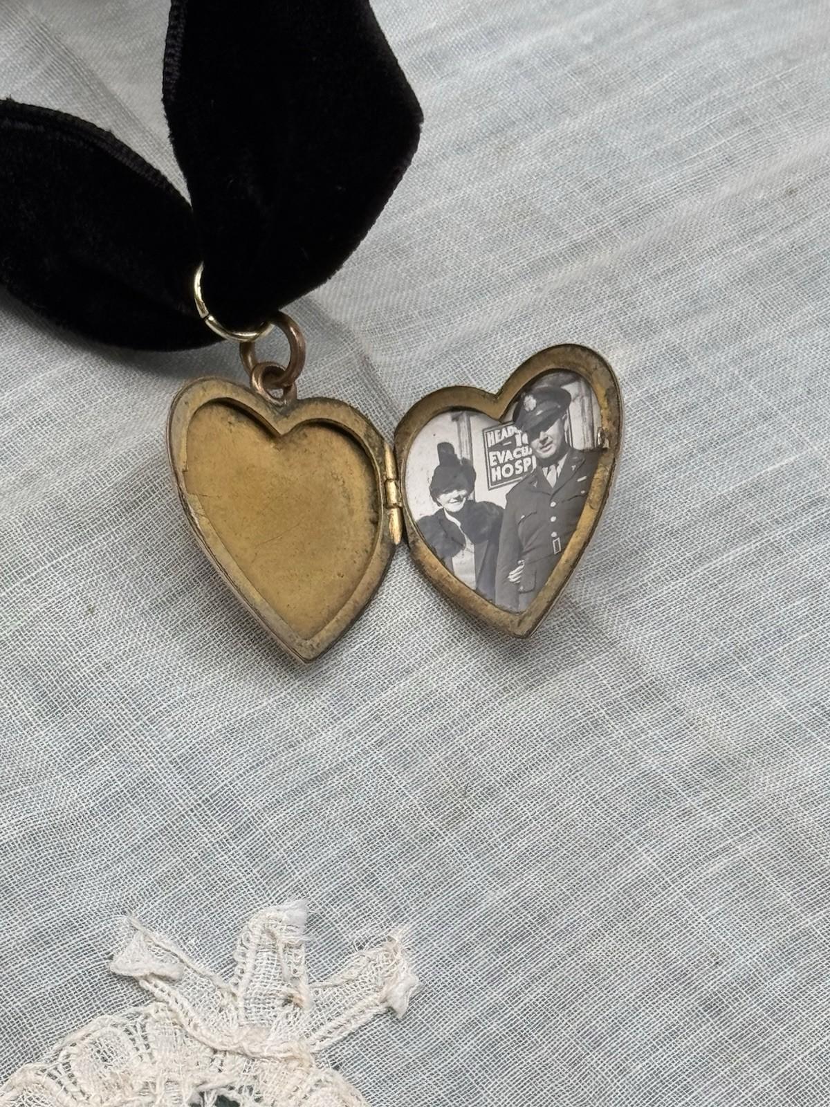 Antique Gold Filled Heart Locket Pendant Black Velvet Ribbon Monogrammed