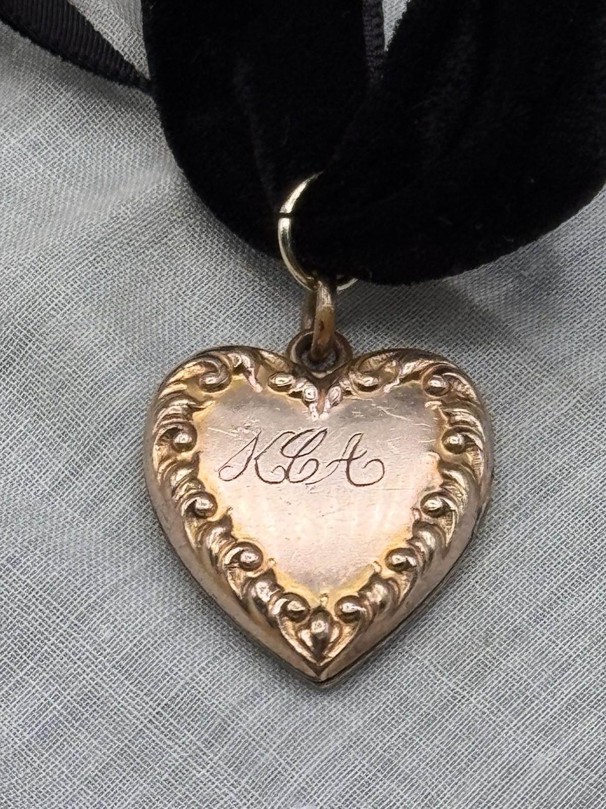 Antique Gold Filled Heart Locket Pendant Black Velvet Ribbon Monogrammed