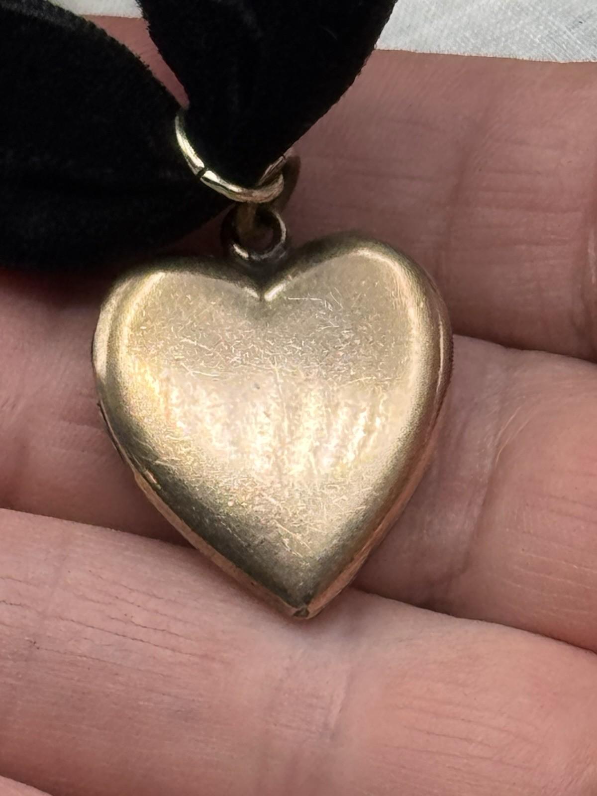 Antique Gold Filled Heart Locket Pendant Black Velvet Ribbon Monogrammed