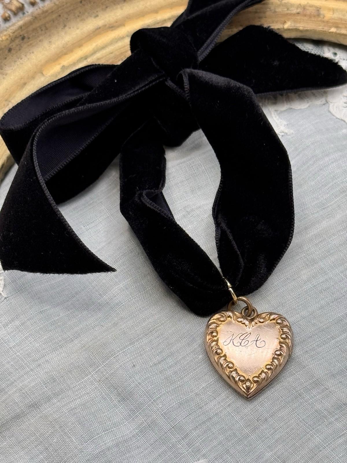Antique Gold Filled Heart Locket Pendant Black Velvet Ribbon Monogrammed