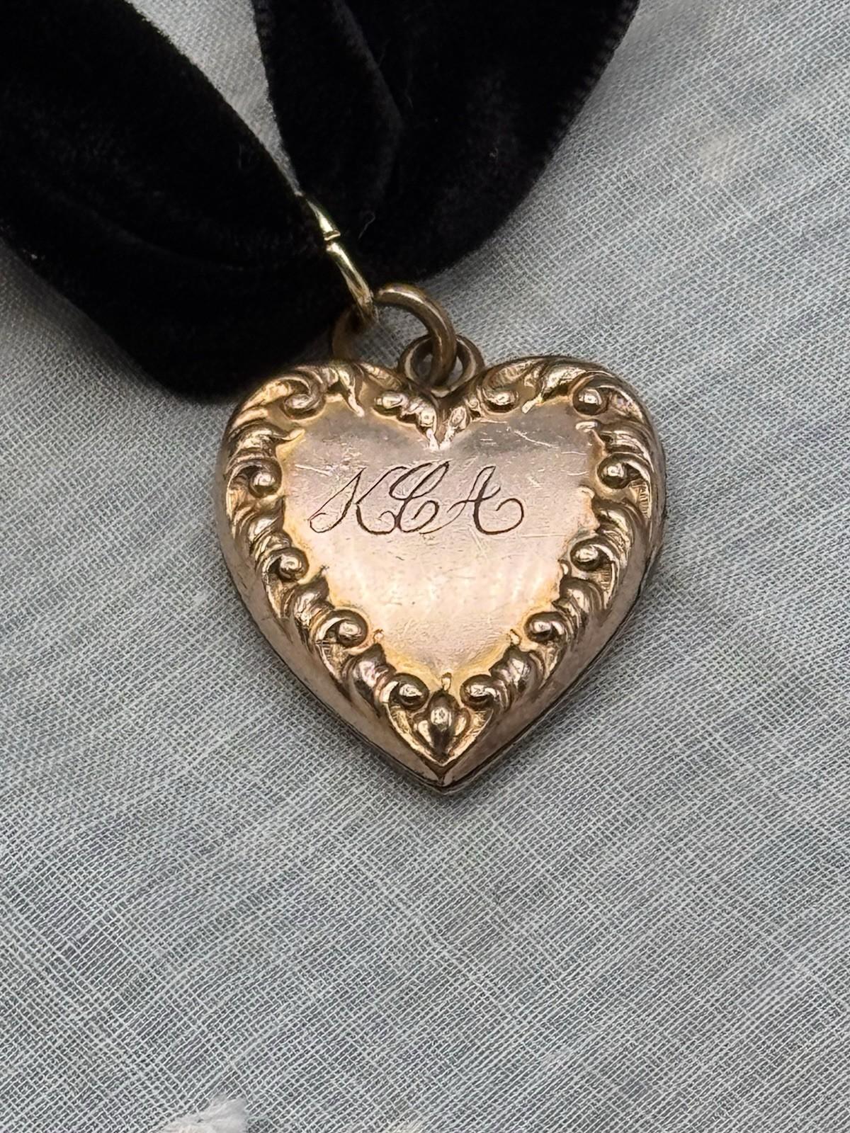 Antique Gold Filled Heart Locket Pendant Black Velvet Ribbon Monogrammed