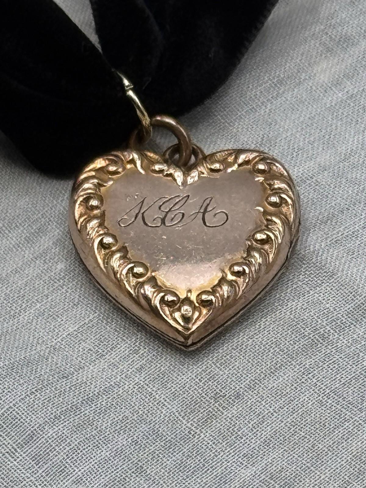 Antique Gold Filled Heart Locket Pendant Black Velvet Ribbon Monogrammed