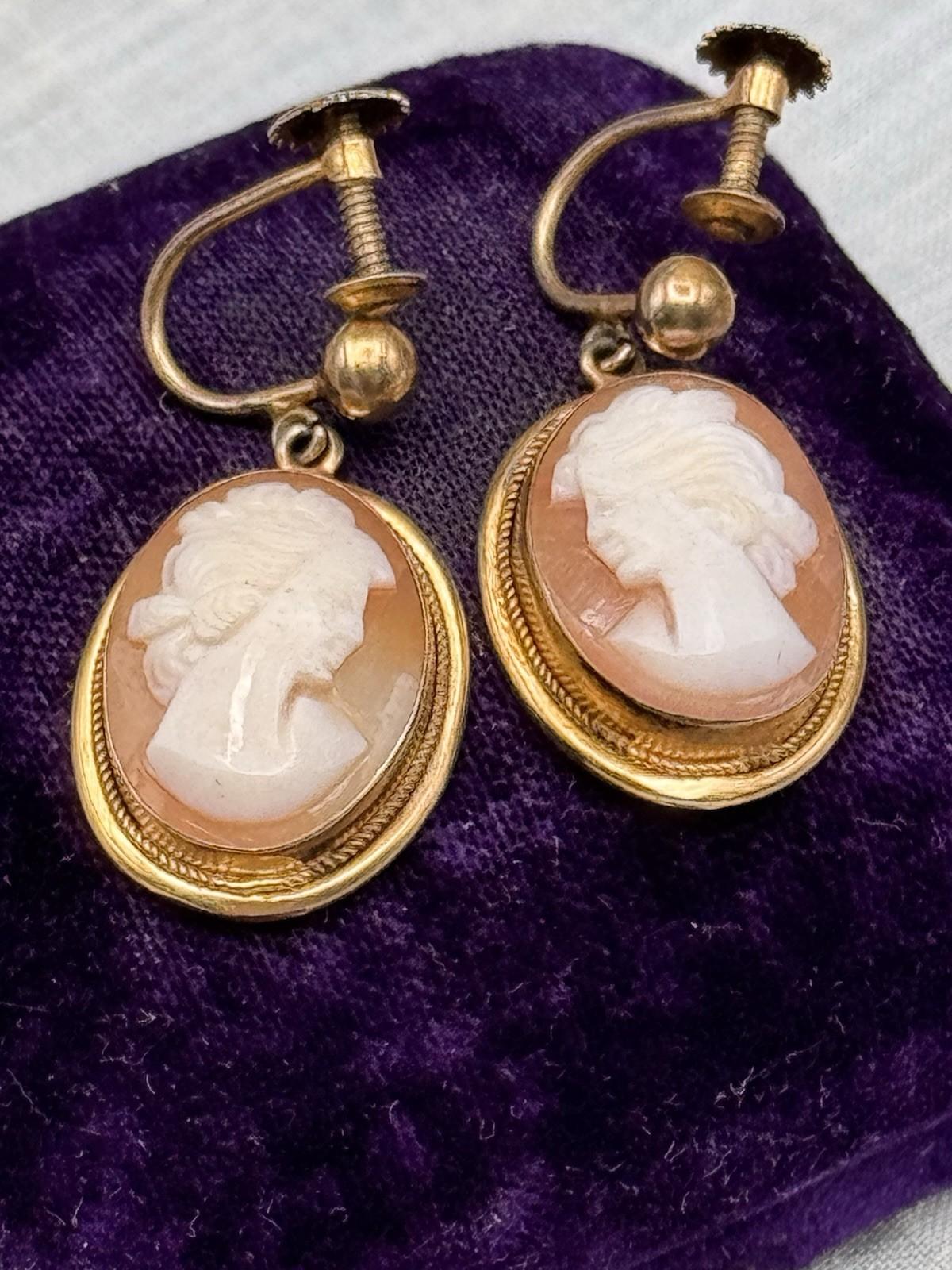 Vintage Gold Filled Cameo Screw Back Earrings Shell Portrait Cameos