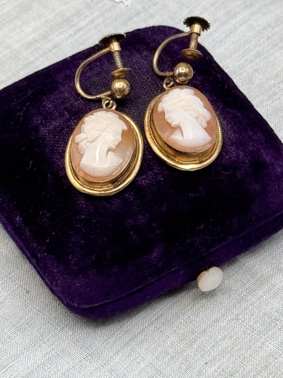 Vintage Gold Filled Cameo Screw Back Earrings Shell Portrait Cameos