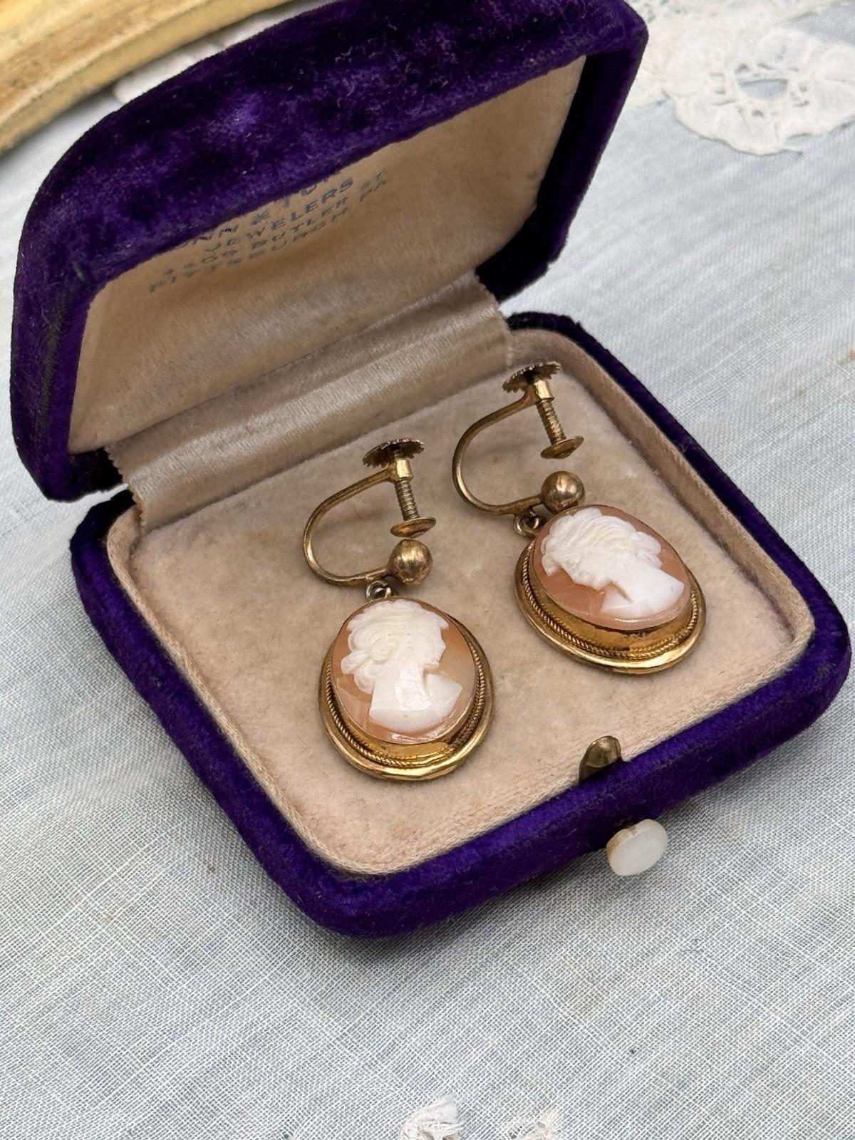 Vintage Gold Filled Cameo Screw Back Earrings Shell Portrait Cameos