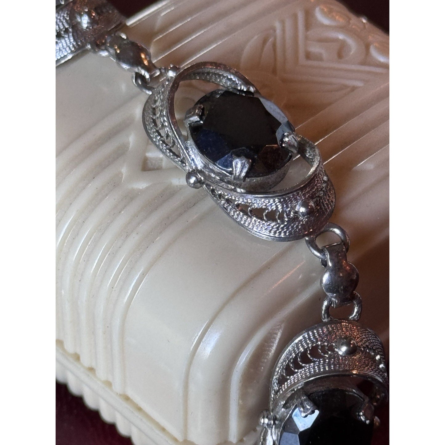 VINTAGE Bracelet Sterling Silver “Hematite” Filigree Link Vintage 7.75”