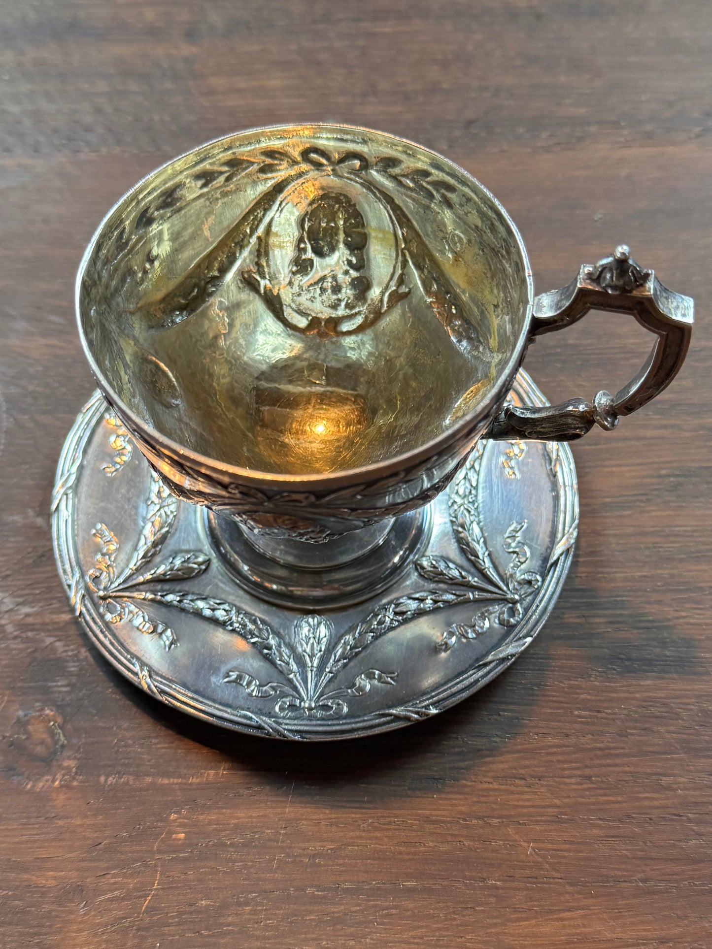 Vintage Silverplate Demitasse Cup & Saucer Cameo Repousse Pseudo Hallmark