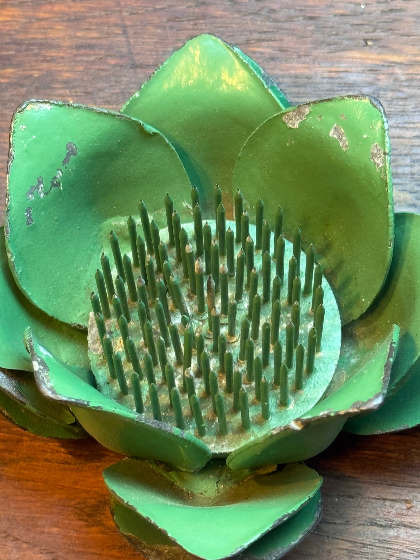 Vintage Green Metal Lotus Flower Frog Floral Arrangement Holder 4”