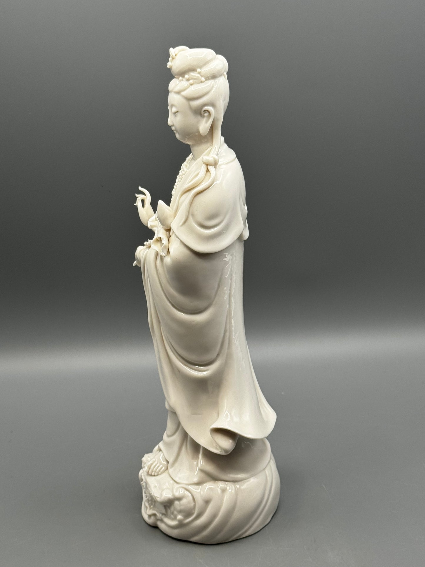 Vintage Blanc de Chine Guanyin Figurine Standing on Dragon 11.5”