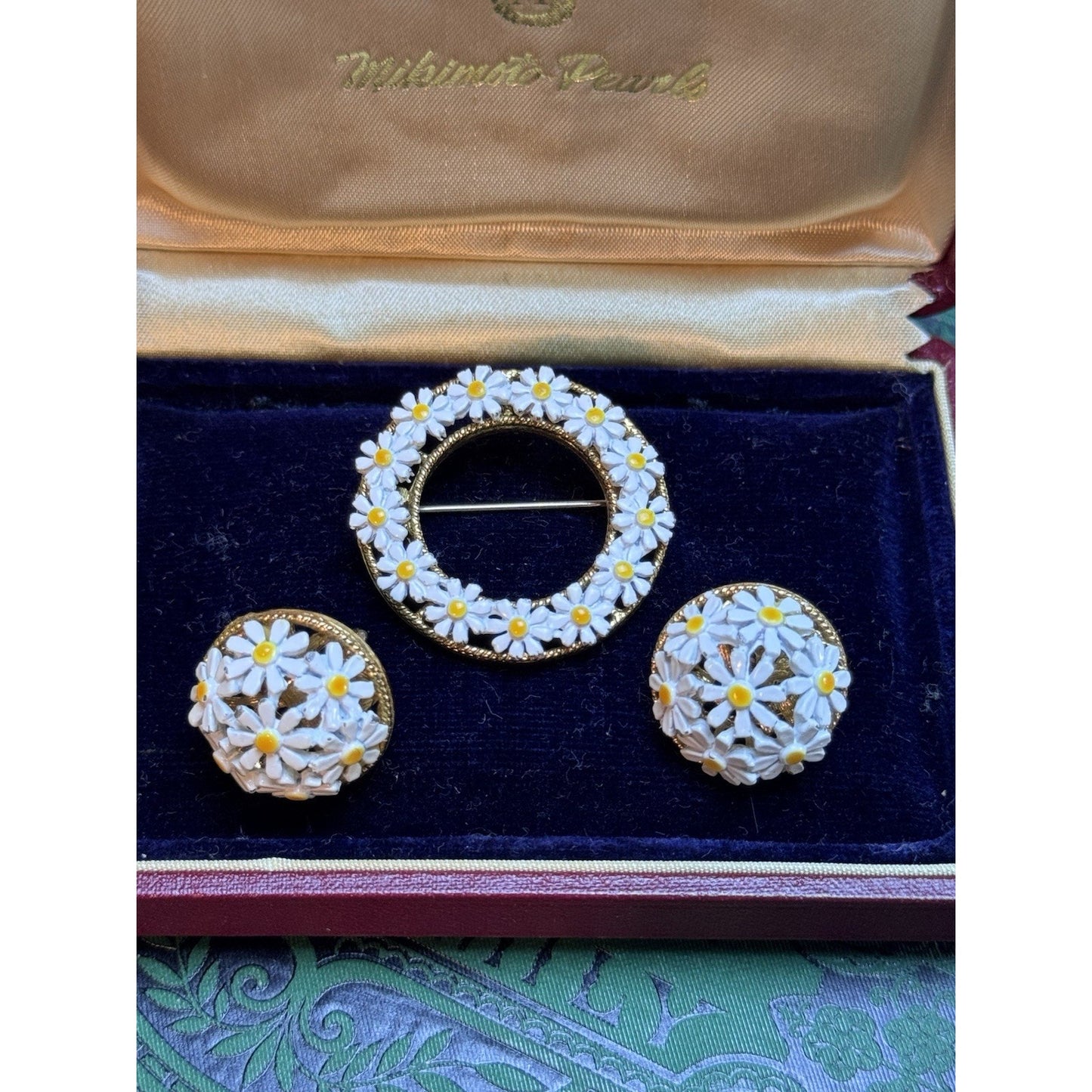 Vintage Daisy Brooch Earrings Set White Enamel Goldtone Clip On Patented