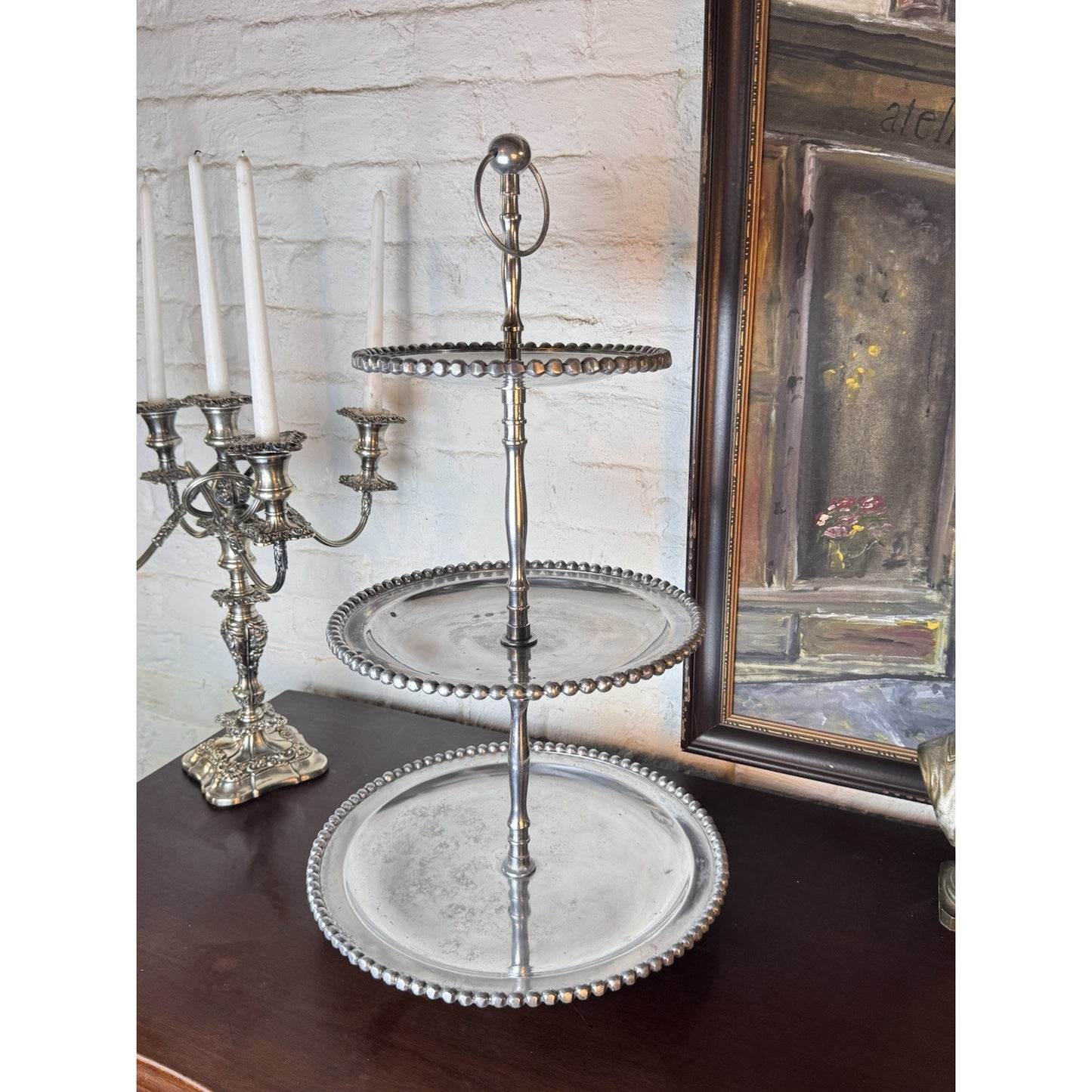 Three Tier Serving Stand Silvertone Beaded Edge Centerpiece Display 26”