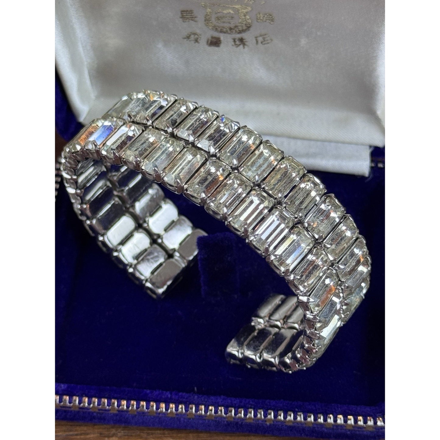 Weiss Rhinestone Cuff Bracelet Baguette Crystal Silvertone Signed 7” VINTAGE