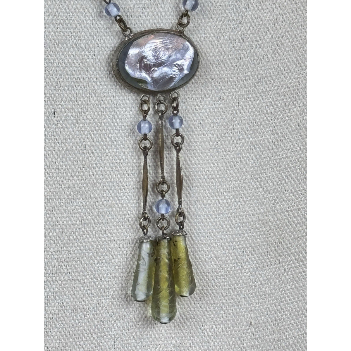 Antique Czech Style Art Glass Necklace Blue Green Glass Dangle Drop 20”