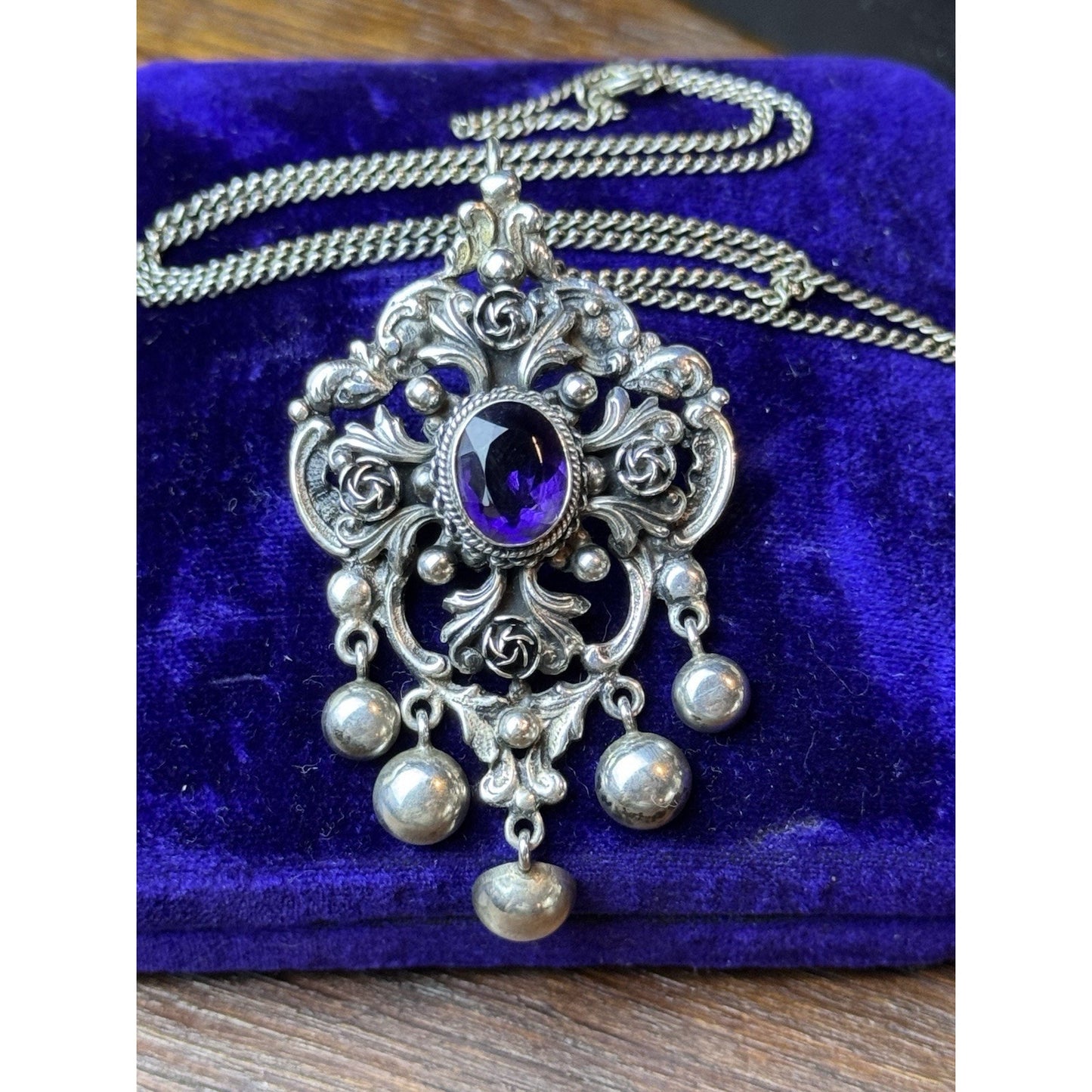 PERUZZI 800 Silver Florence Pendant Brooch Renaissance Revival Purple Stone