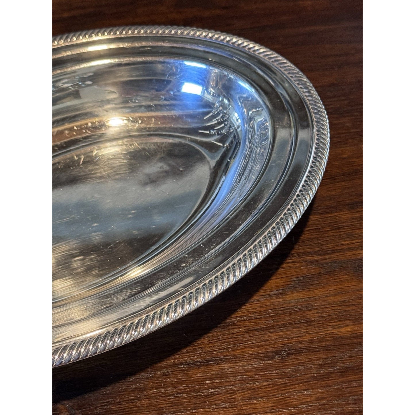 Silverplate Oval Serving Bowl Rope Edge Bread Fruit Centerpiece Dish 12” Vintage