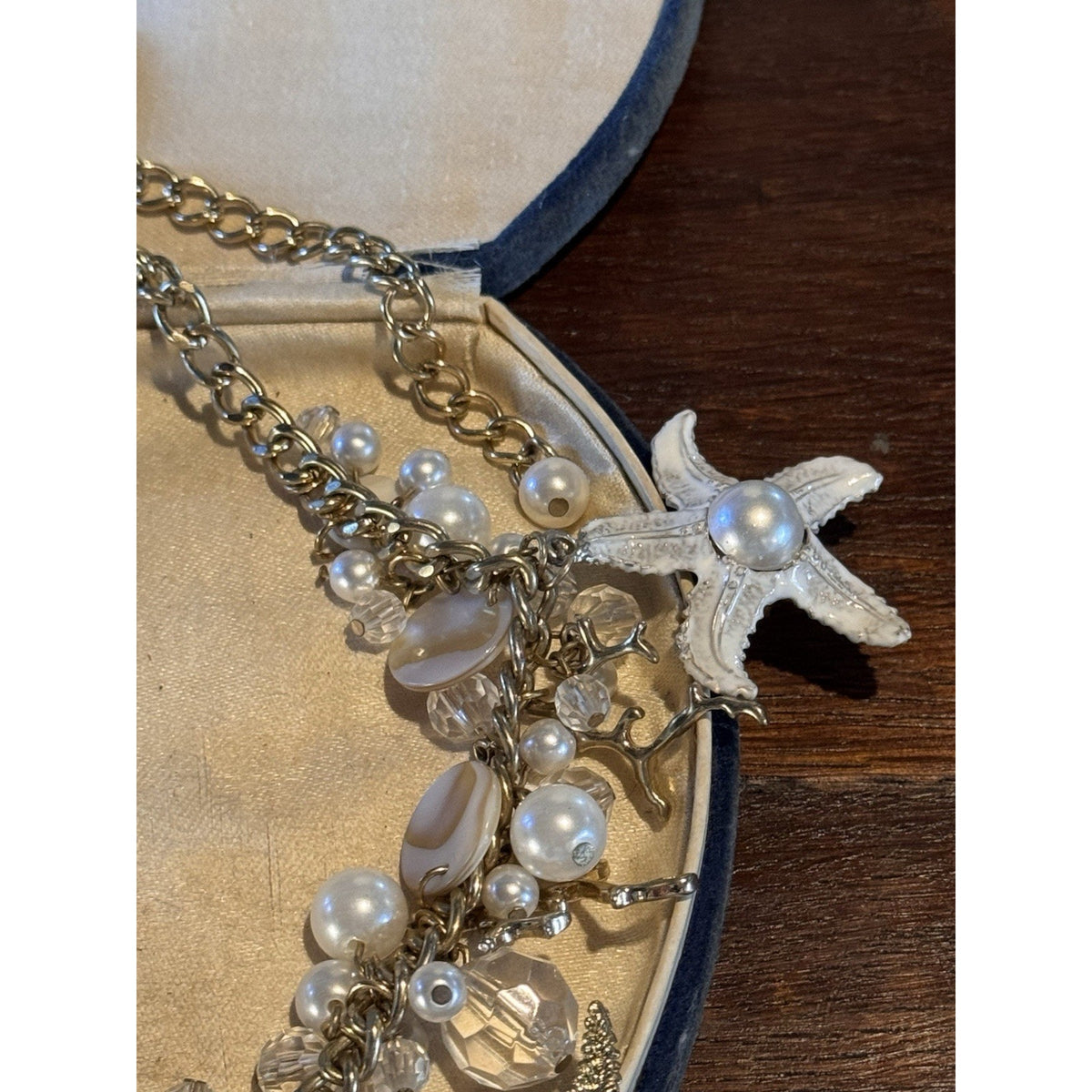 Goldtone Ocean Charm Necklace Starfish Faux Pearl Crystal Statement 19.5”