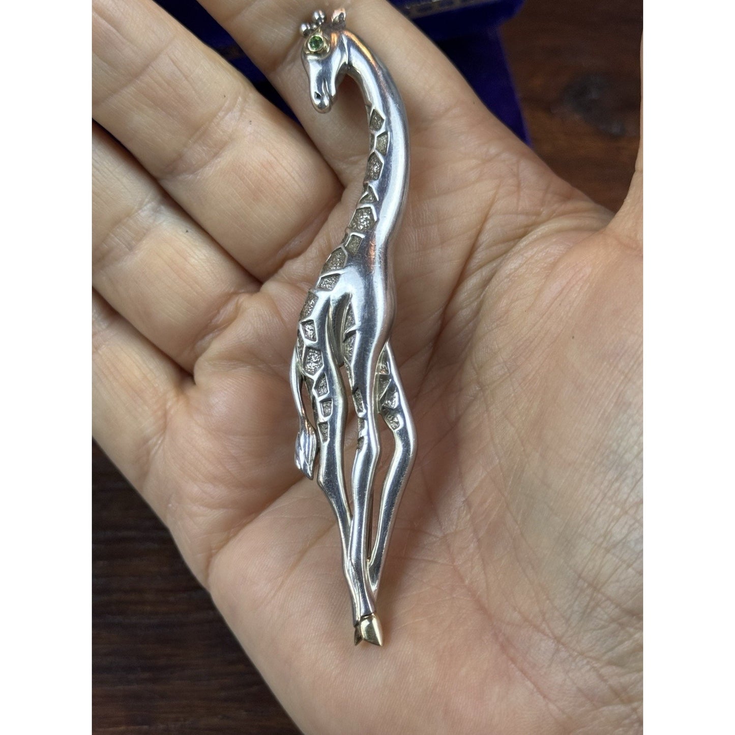 Vintage Sterling Silver 14K Gold Giraffe Brooch Green Eye Figural 3.75”