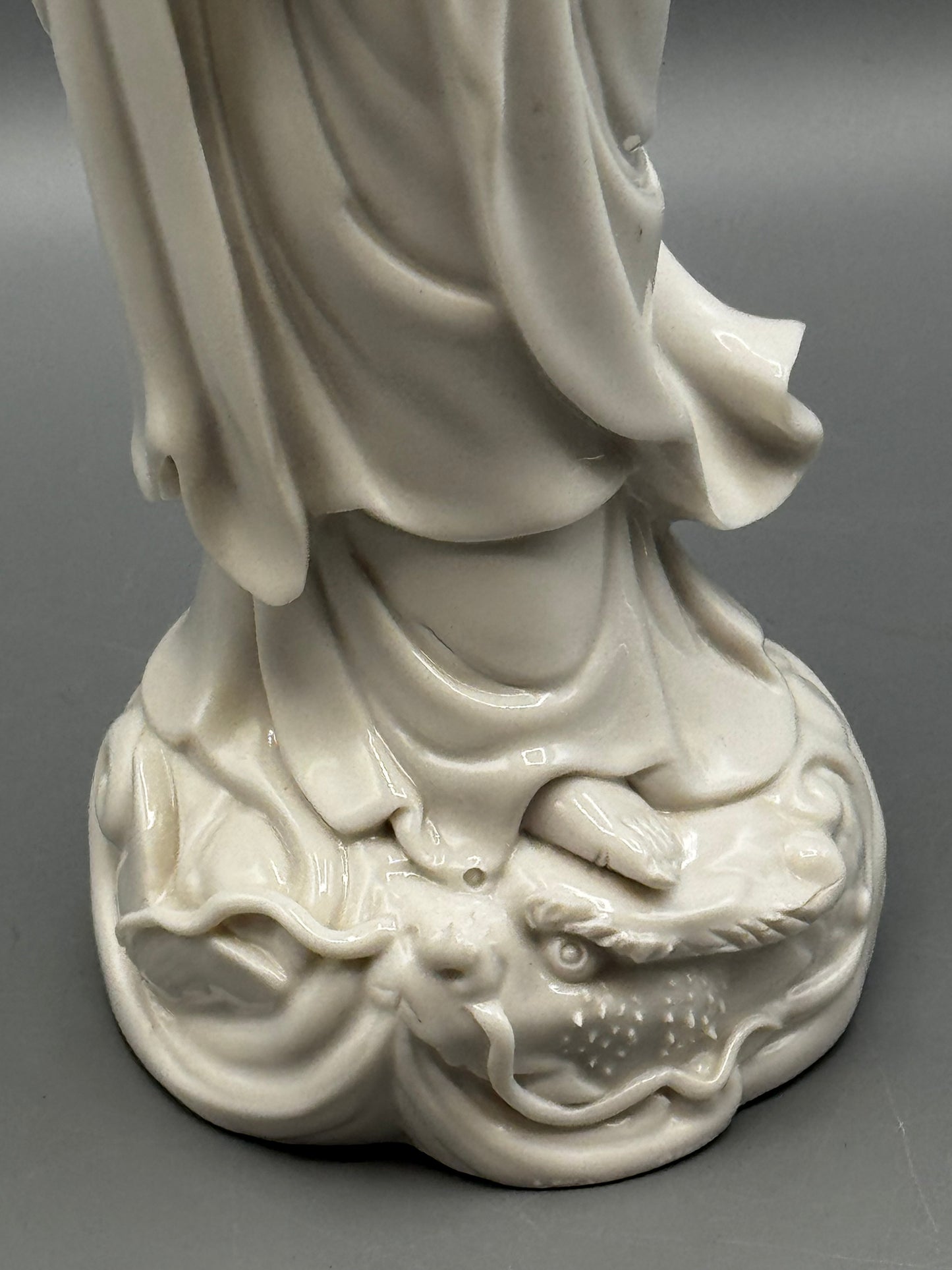 Vintage Blanc de Chine Guanyin Figurine Standing on Dragon 11.5”
