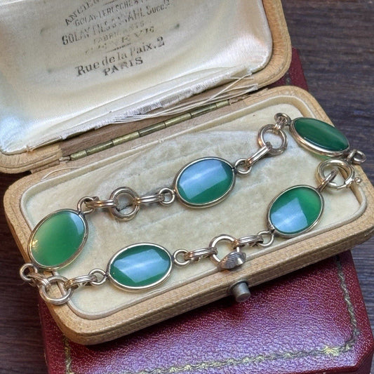 Vintage 12K Gold Filled Green Glass Link Bracelet Signed 7” Estate Jewelry