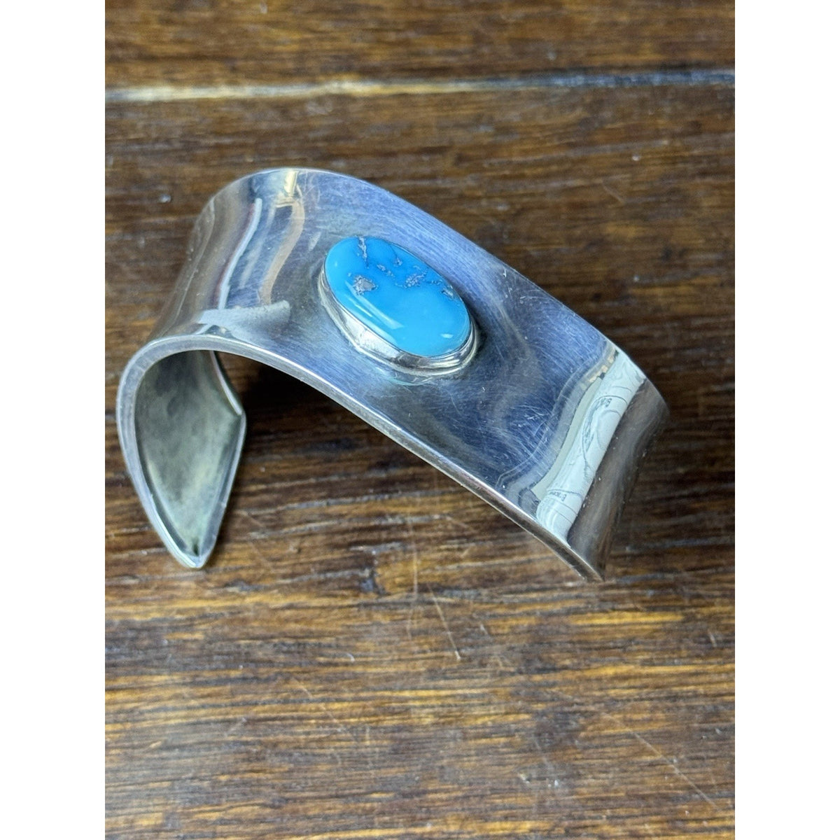 Sterling Silver Cuff Bracelet Blue Stone Wide Modernist Style 6.75” Wrist Size