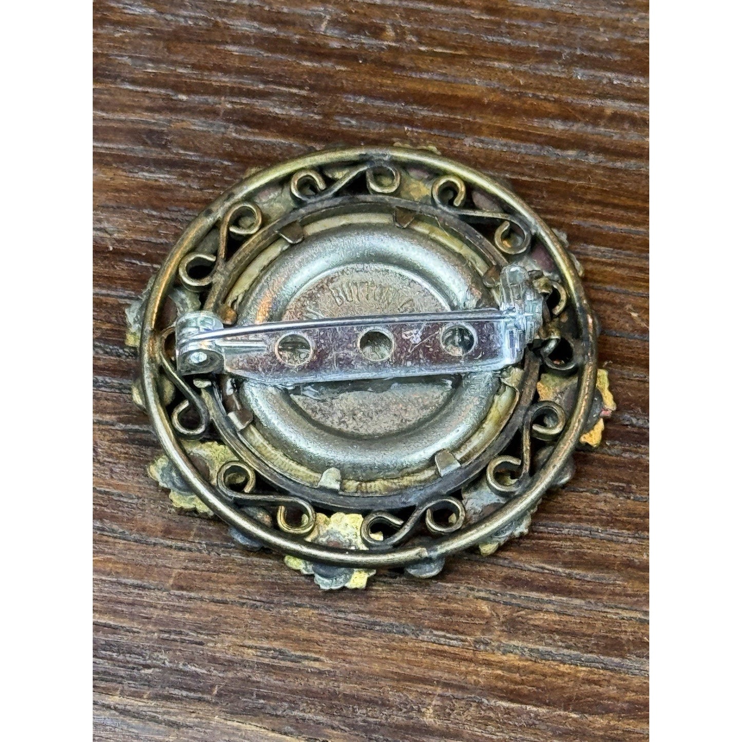 Antique Photo Button Converted Brooch Enamel Rhinestones 1.25” Round