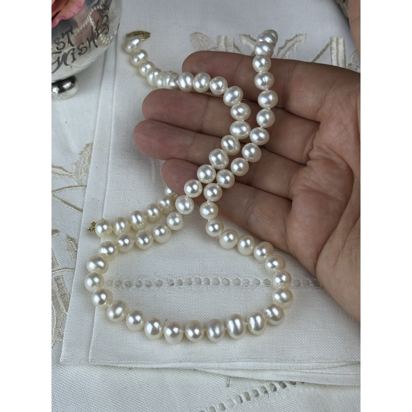 Cultured Pearl Necklace 23.5” Knotted 14K Gold Clasp 8mm FIC Pearls VINTAGE
