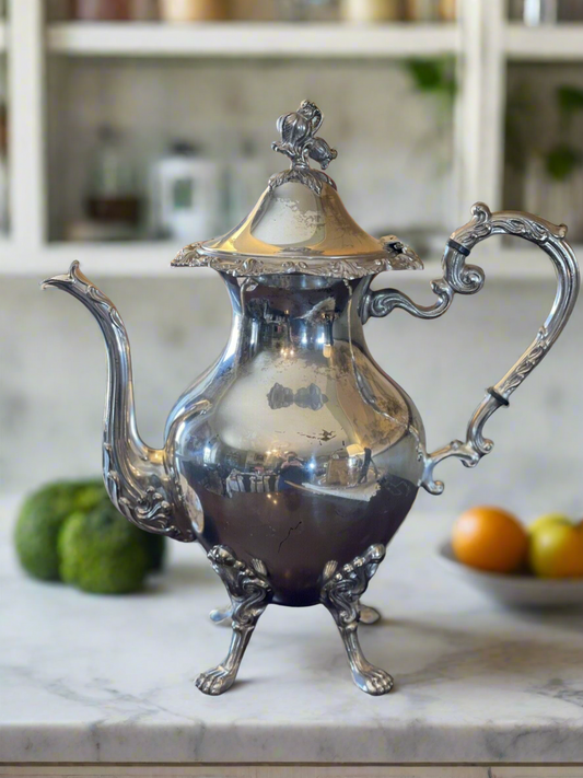 Large Lion Footed Silverplate Coffee Pot With Floral Finial VINTAGE